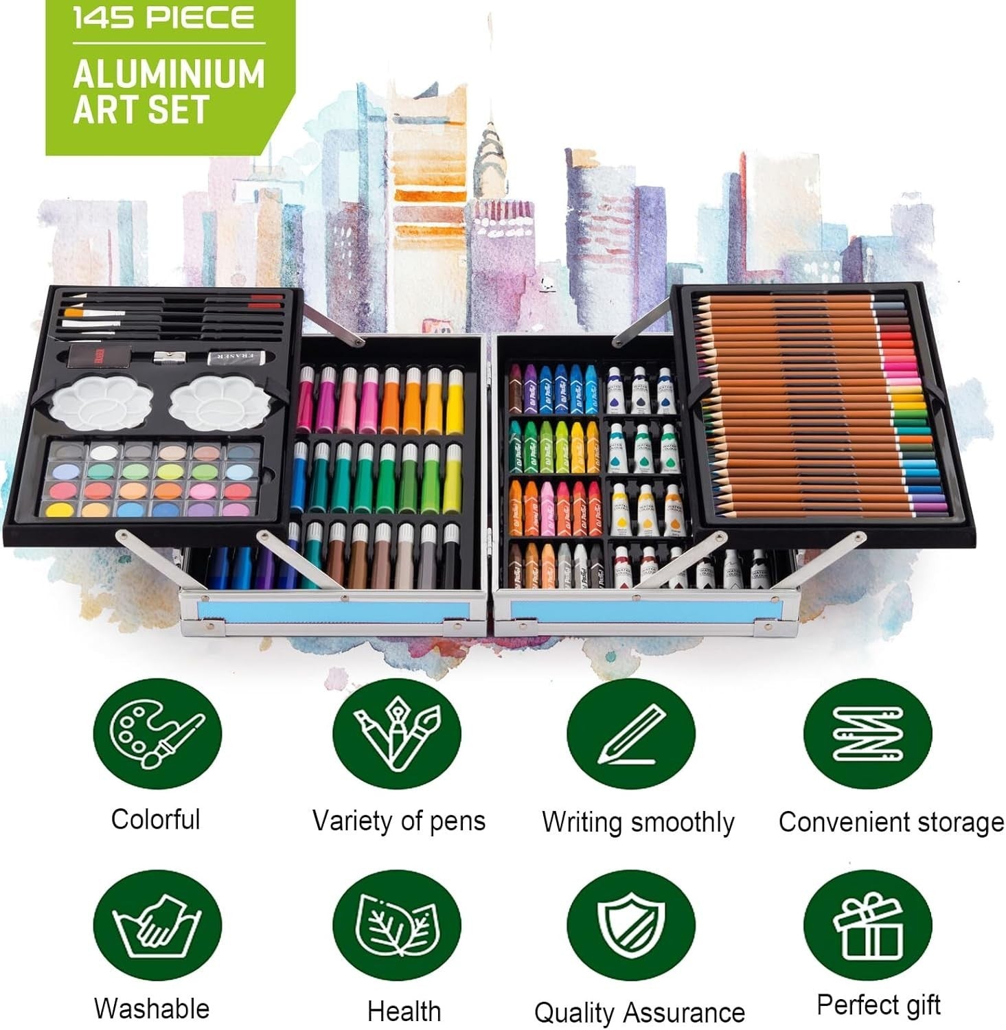 145Pc Art Case Colouring Pencil Set Aluminium Painting Pencils Adult Kids Box