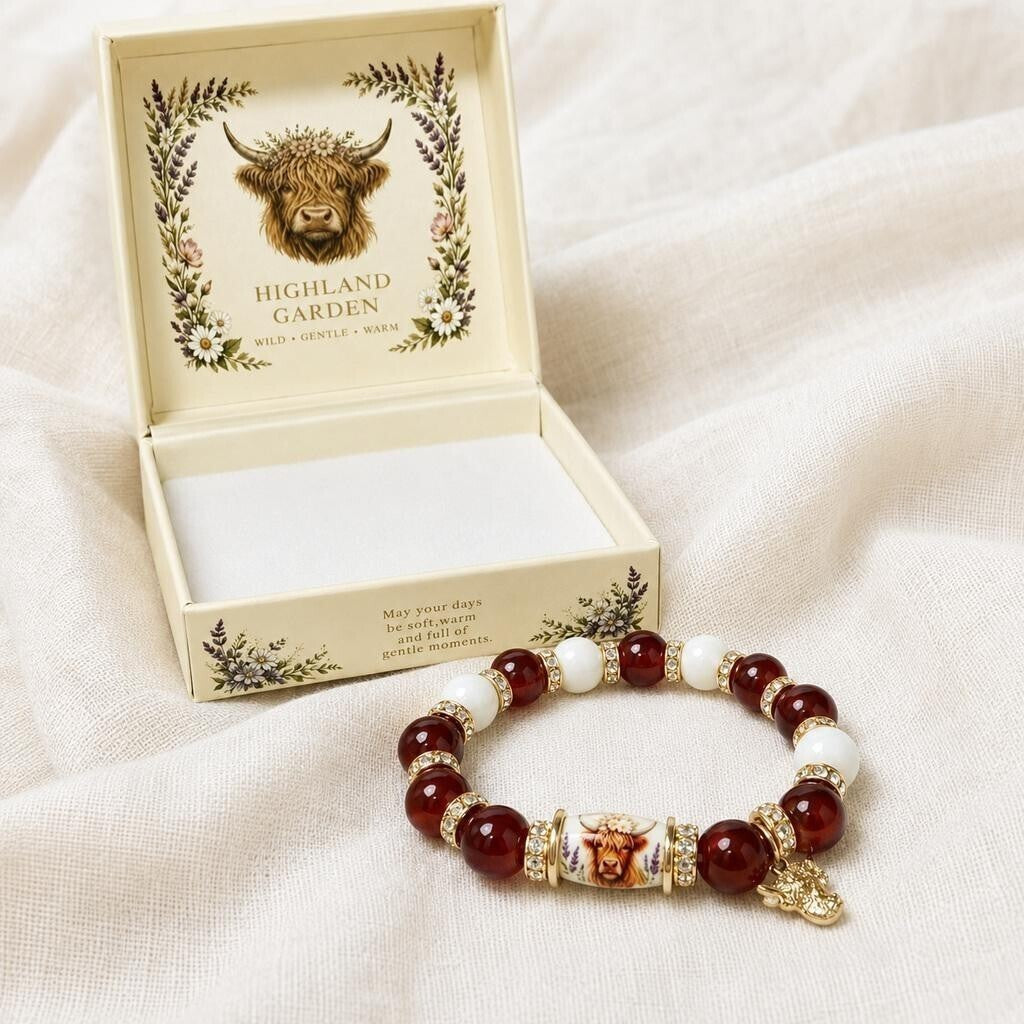1pc Scottish Scotland Highland Cow Bracelet Beaded Multicoloured with Box