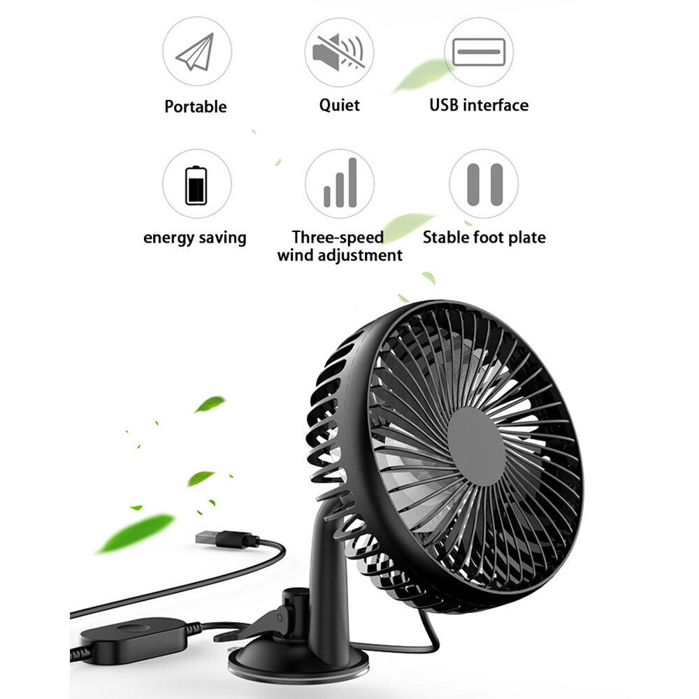 3 Speed USB Cooling Fan with Suction Cup For Car Van Caravan Universal 12V/24V