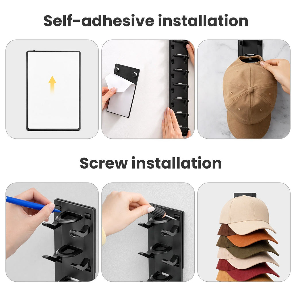 2 Pack Hat Rack Organizer Wall-Mounted or Self-Adhesive Hat Holder for 18 Hats