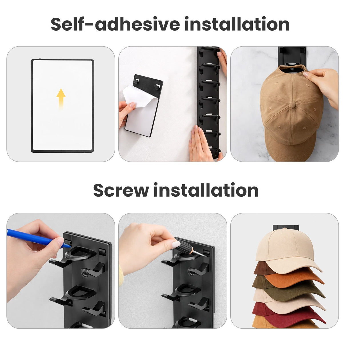 2 Pack Hat Rack Organizer Wall-Mounted or Self-Adhesive Hat Holder for 18 Hats