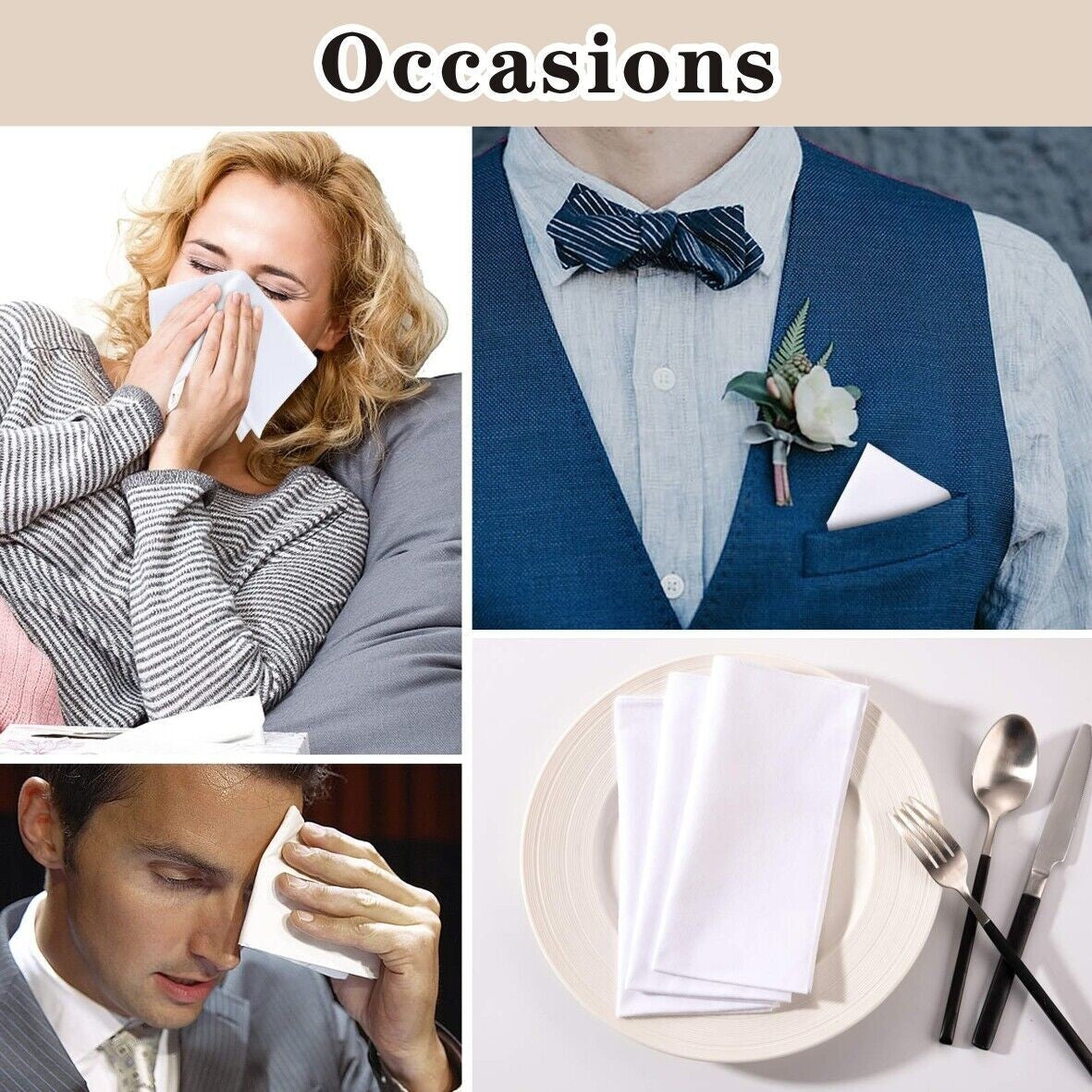12xMens Large White Square Handkerchief Soft Cotton Hankies Hankerchiefs 40x40cm