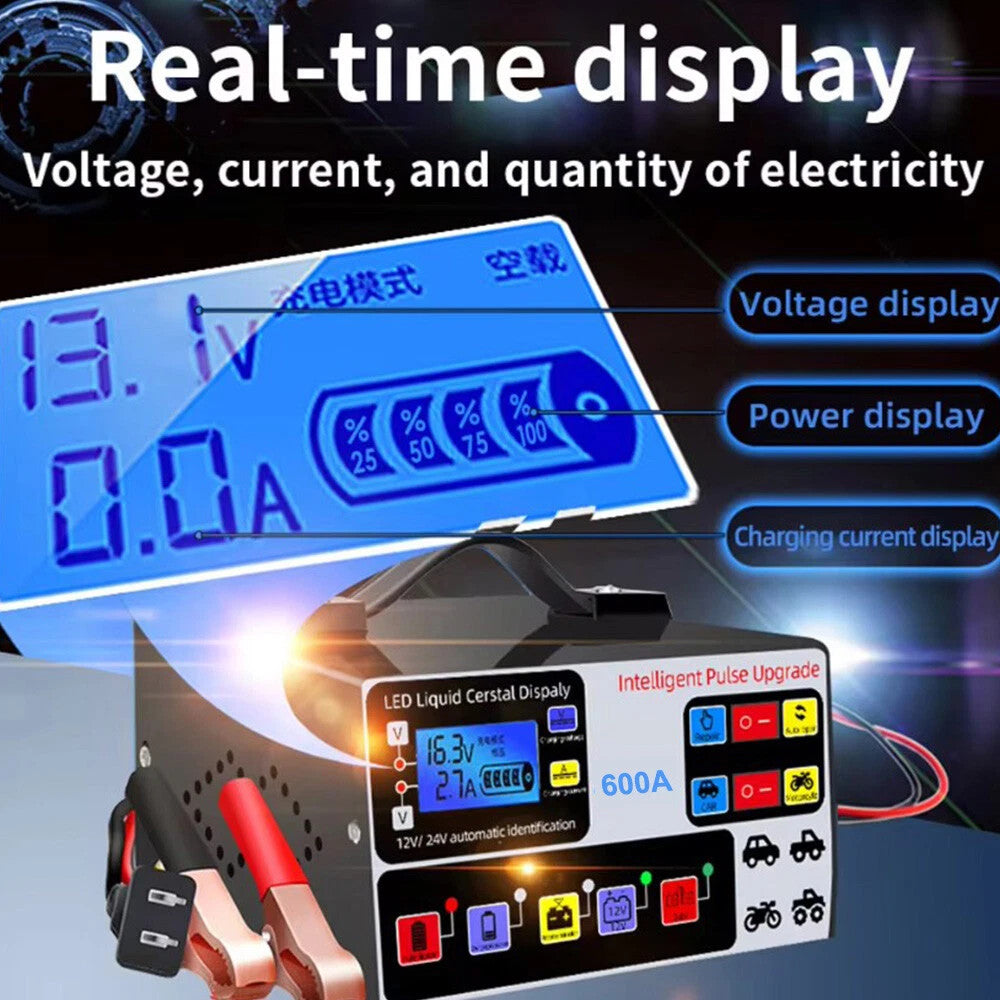 Heavy Duty Smart Car Battery Charger 12V/24V Automatic Pulse Repair Trickle 600A
