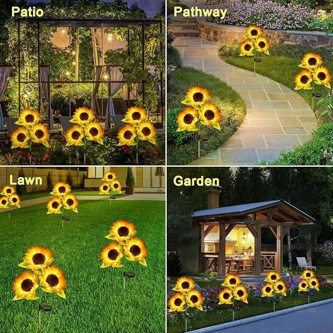 2×Solar Powered 3 Heads Sunflower LED Garden Light Outdoor Path Lawn Stake Lamp