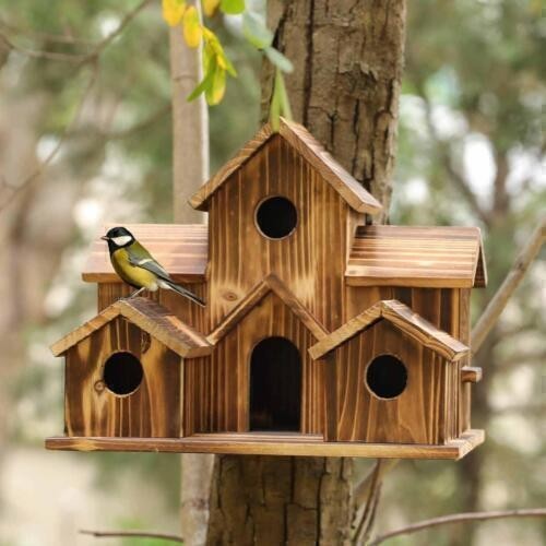 Hanging Wooden Bird House Feeder – Garden Feeding Station & Wood Shelter