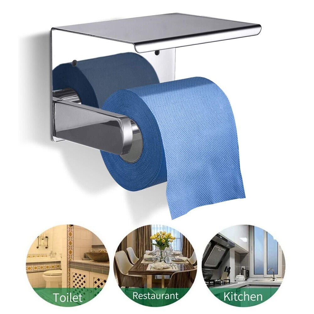 Bathroom Toilet Paper Roll Holder Wall-Mounted With Mobile Phone Storage Shelf