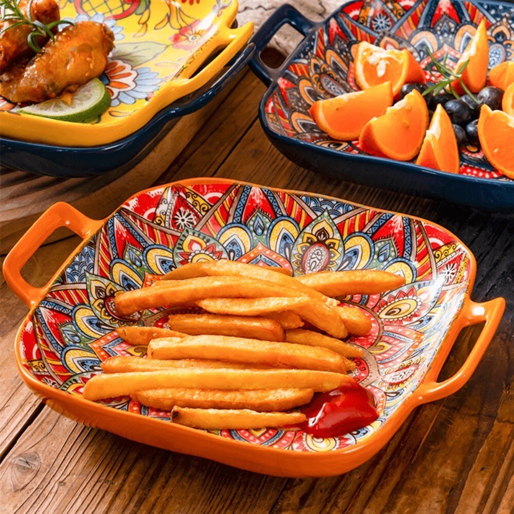 Square Bohemian Ceramic Plate Colorful Salad Dish Dinner Plate Microwave