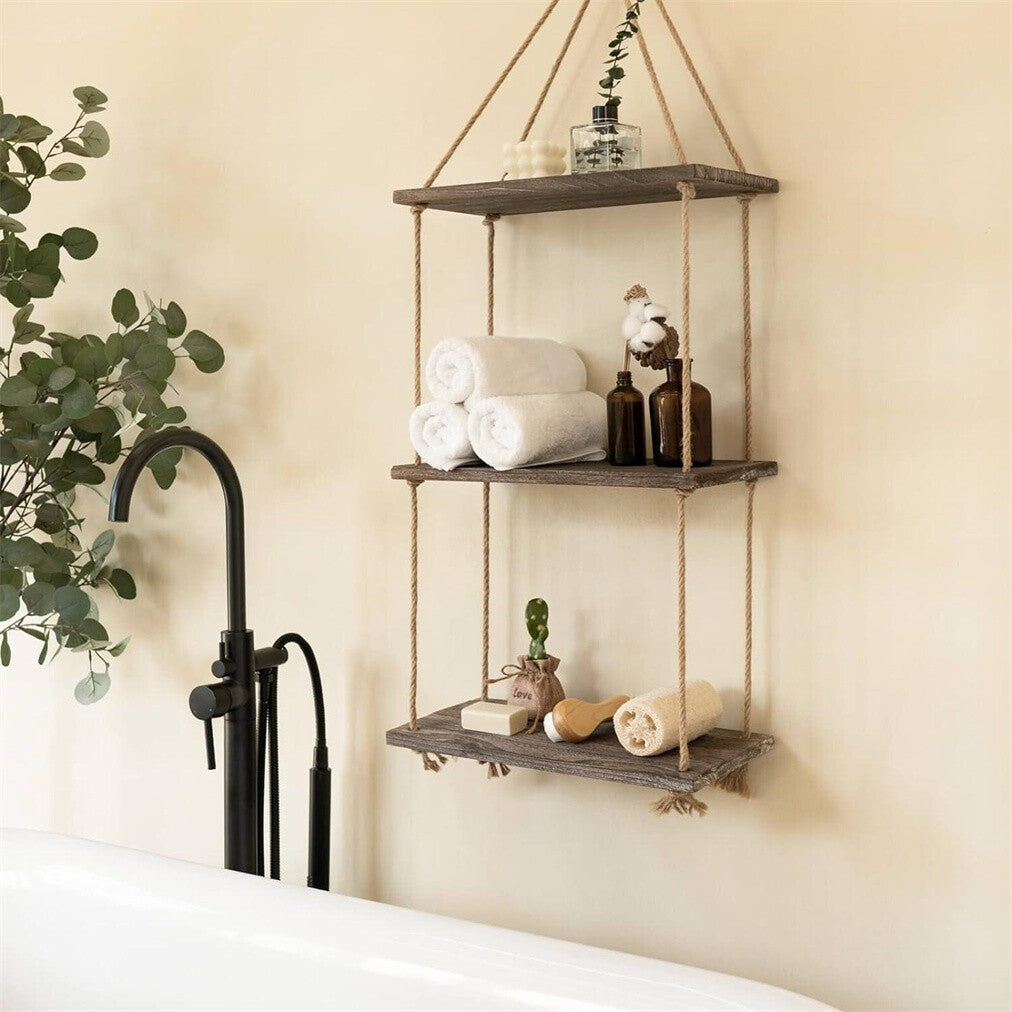 3 Tiers Boho Hanging Wall Shelves Swing Rope Floating Shelf Window Plant Hanger