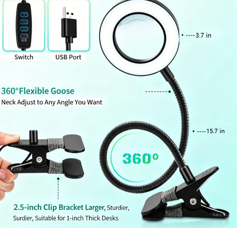 With Magnifier Wall Sconce Lamp 360° Adjustable Flexible Reading Bedside Light