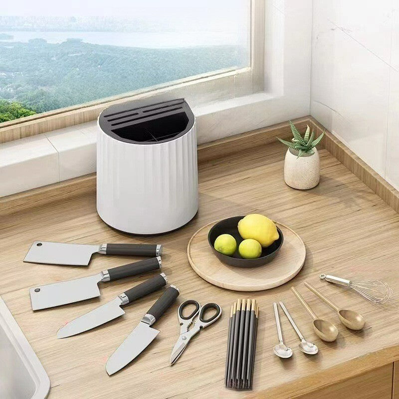 360° Rotating Knife Holder Block Kitchen Storage Rack With Drain Tray