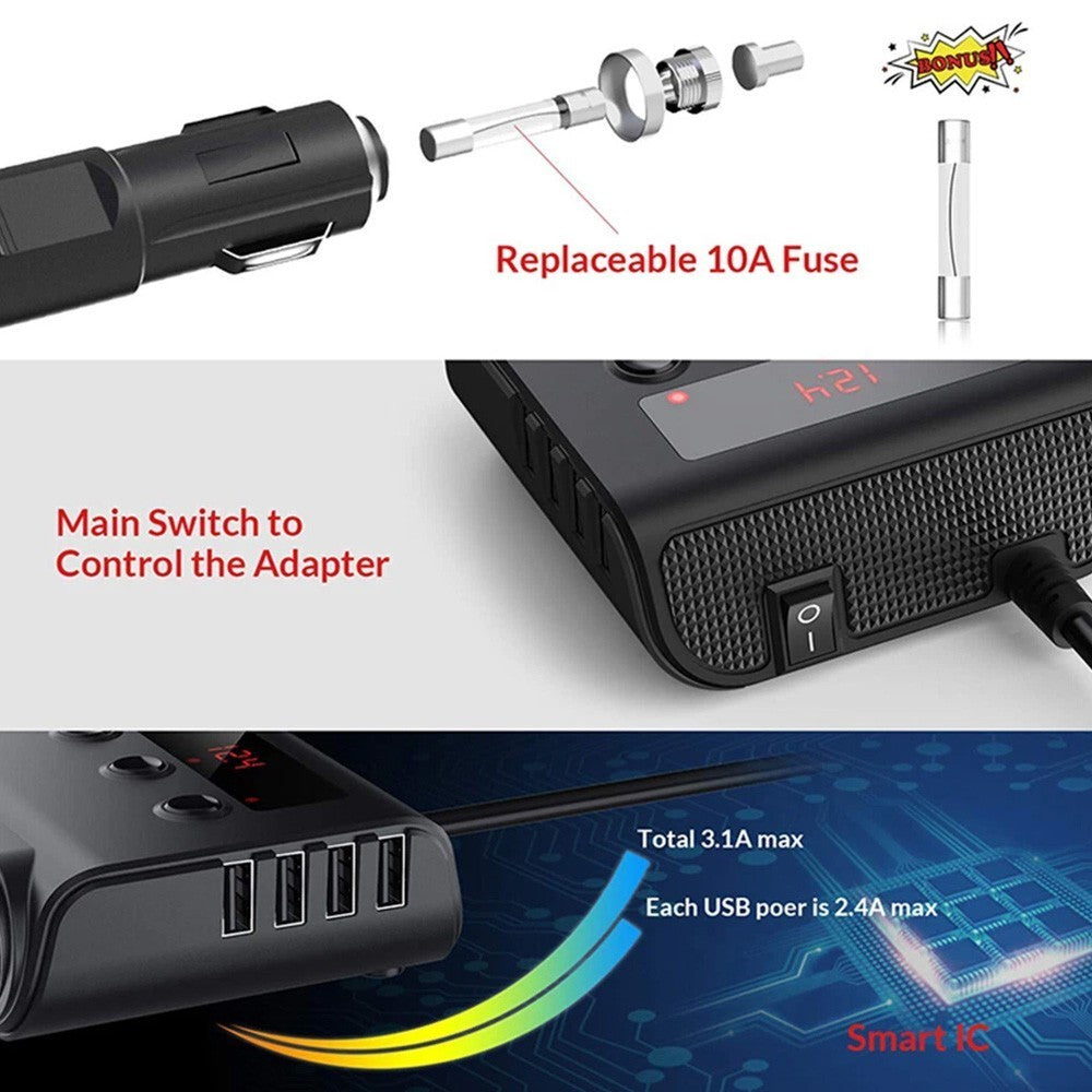 3Way Car Cigarette Lighter Socket Splitter USB Fast Charger Power Adapter 12-24V