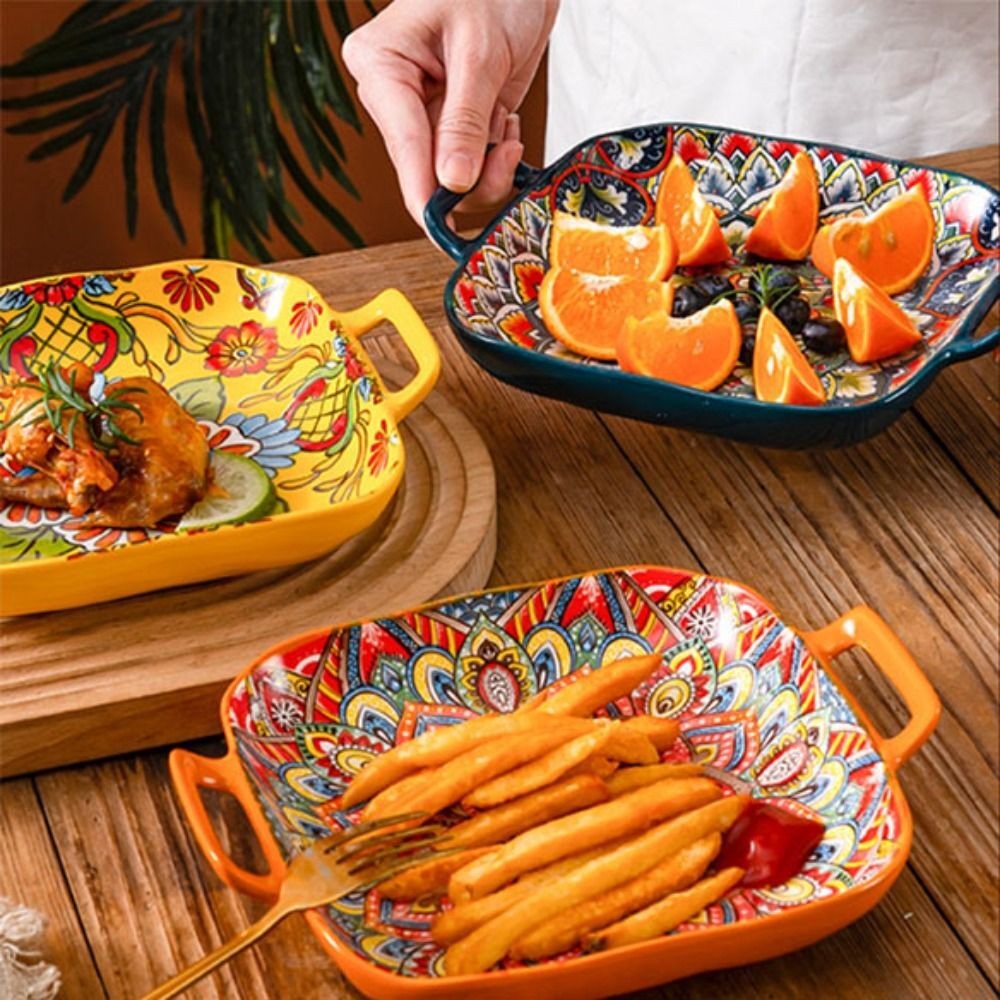 Square Bohemian Ceramic Plate Colorful Salad Dish Dinner Plate Microwave