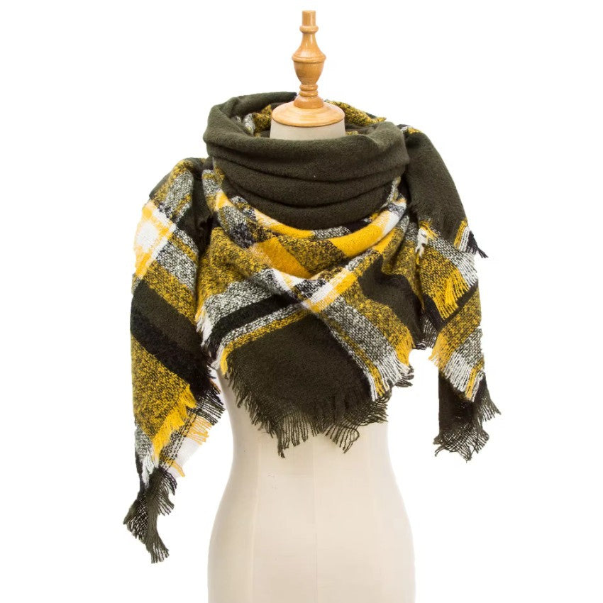 Ladies YELLOW & DARK GREEN  Pashmina Scarf Polyester Plaid Tartan Tessels Shawl