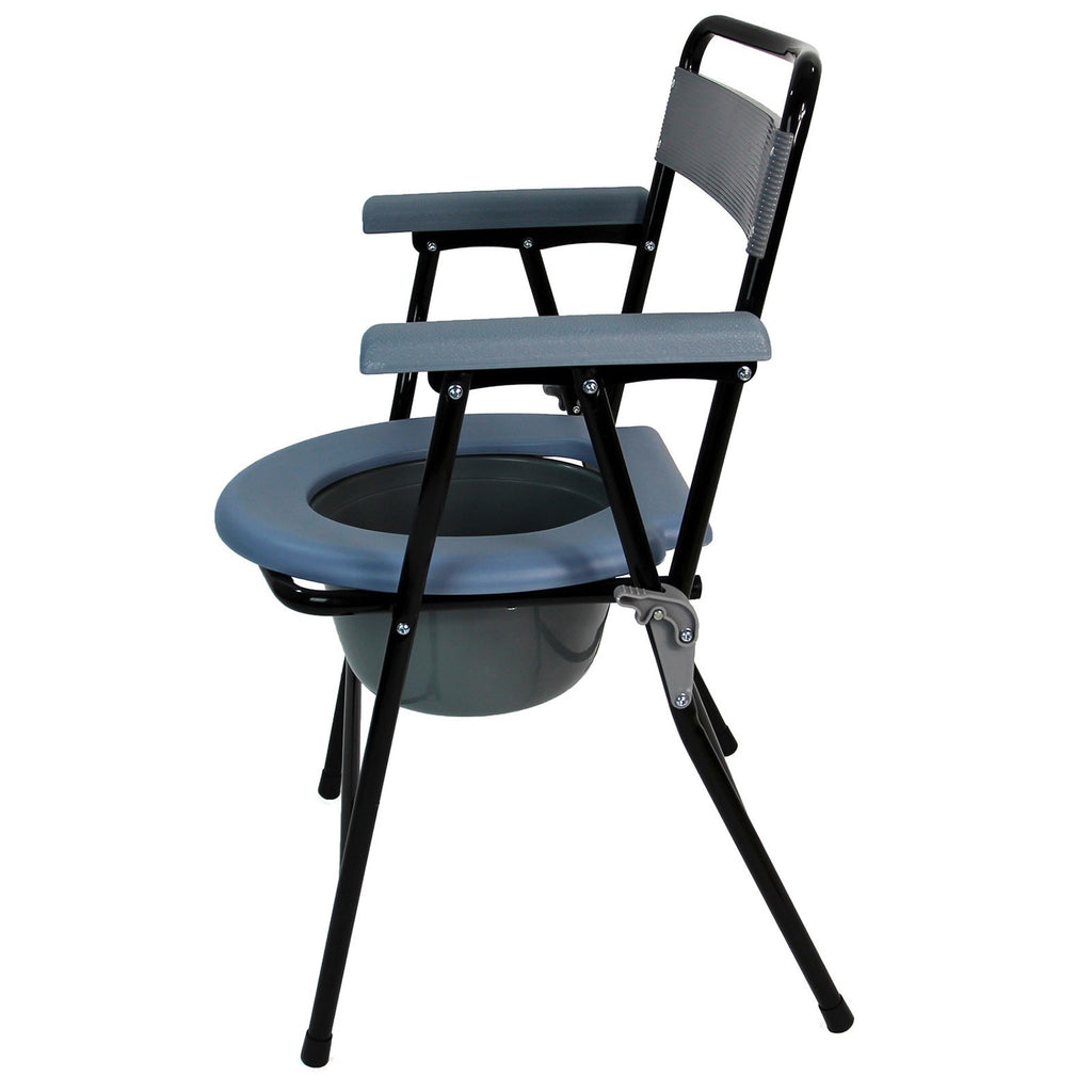 Portable Folding Steel Commode Chair Toilet 4 Litre Pail Safety Lock Design