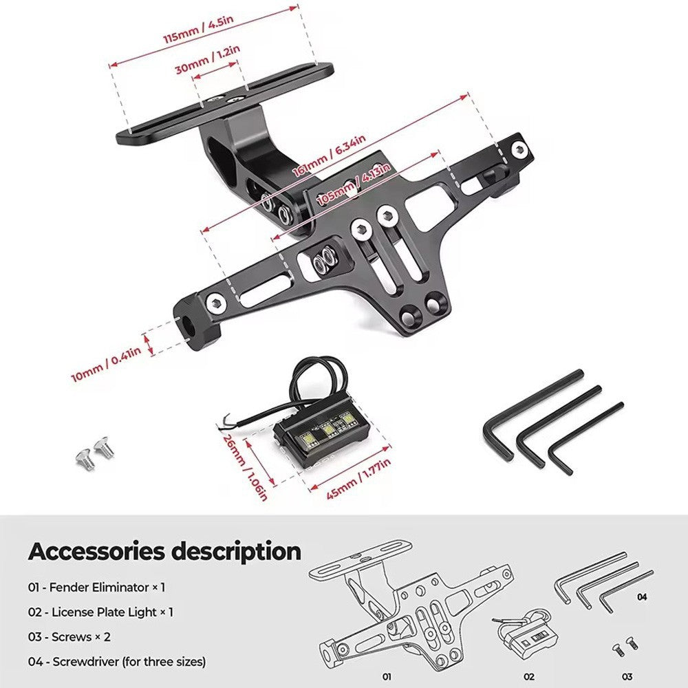 Motorcycle License Number Plate Holder Aluminum Tail Tidy Bracket w/ LED Light