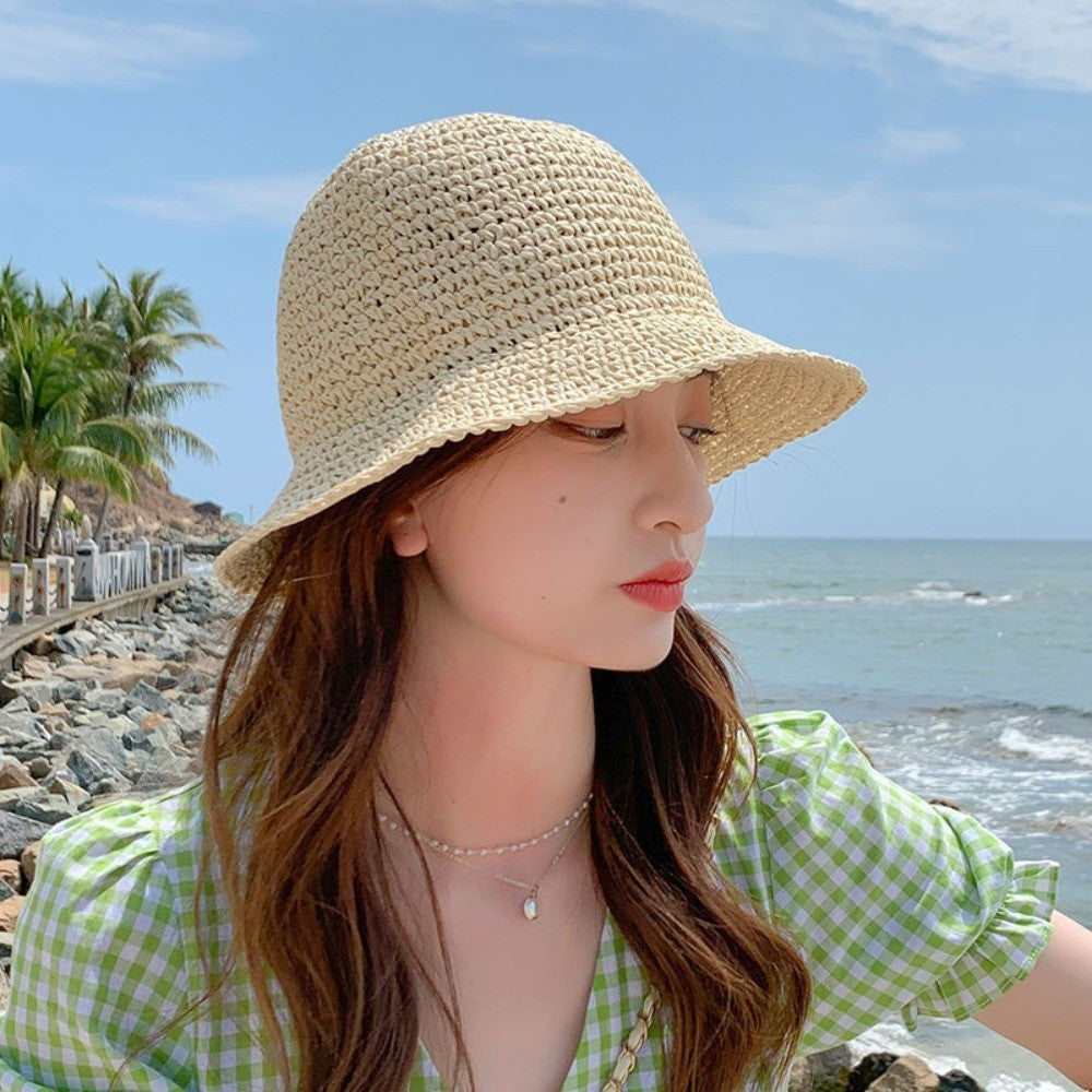 UV Protection Straw Bucket Hat Foldable Fisherman Hat  for Women Beach