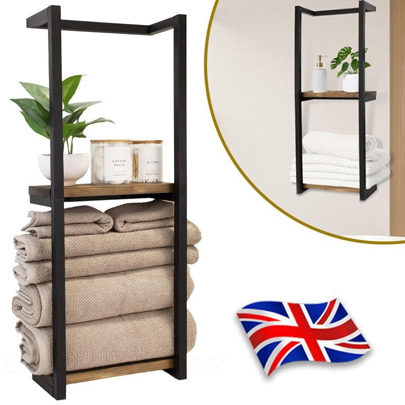 Wall‑Mounted Towel Rack Wooden Shelf Bathroom Storage Holder Towel Organiser