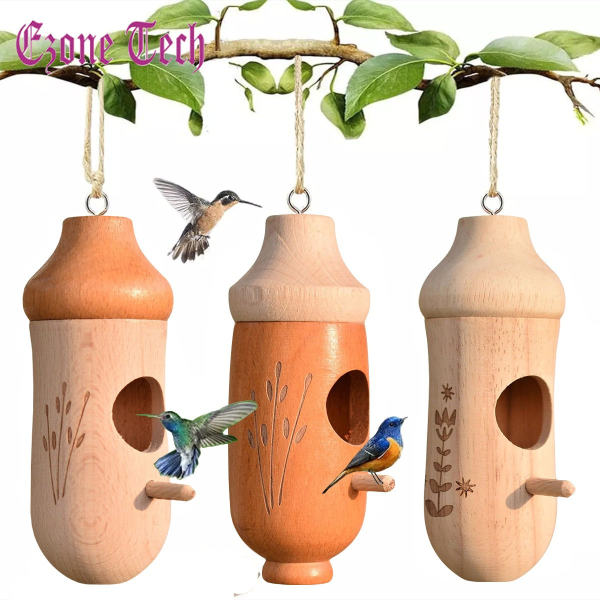 2x Hummingbird House Wooden Hand Craft Ornament Outdoor Garden Patio Decor