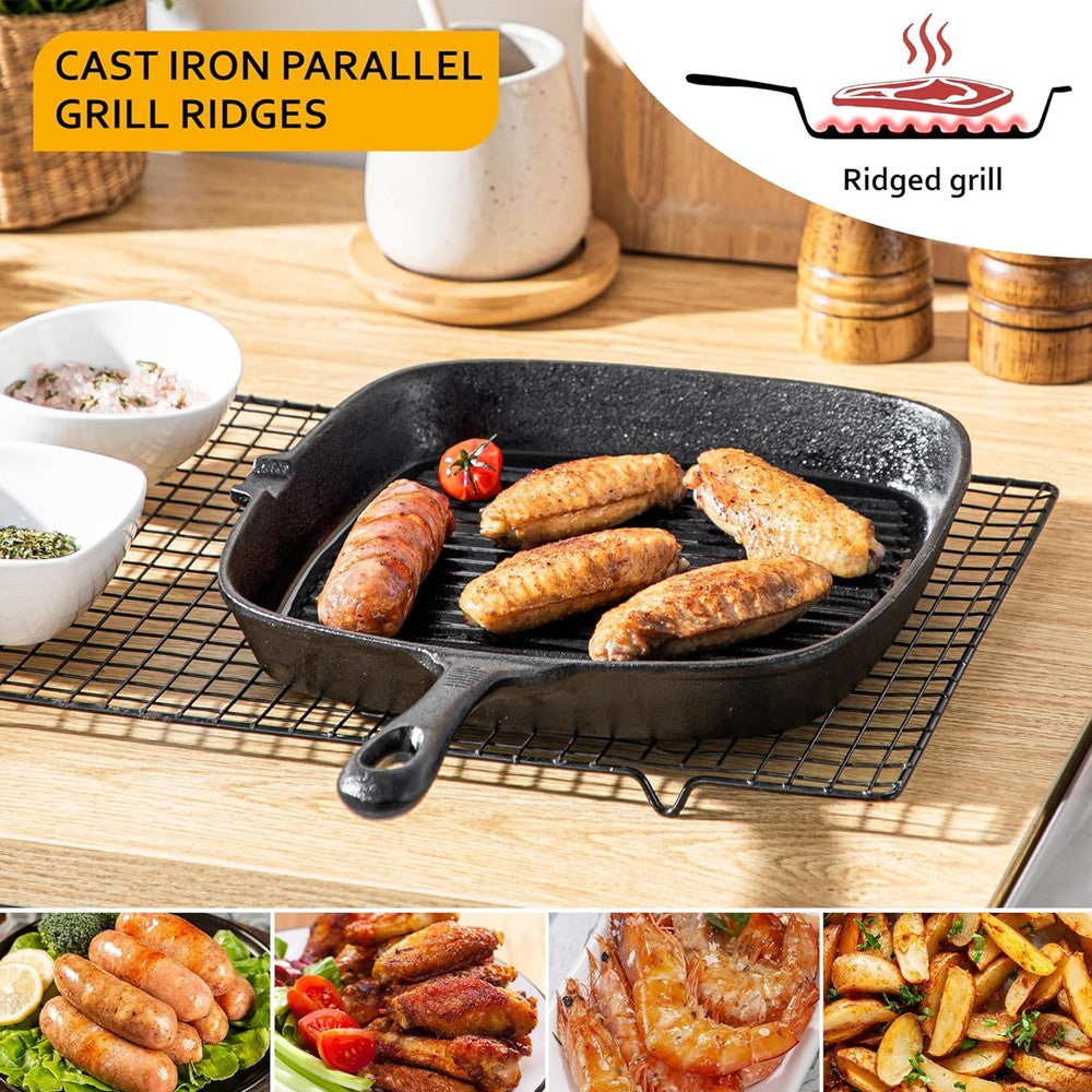 Cast Iron Griddle Frying Pan Grill Non-Stick Skillet Cooking Fry Square Steak UK