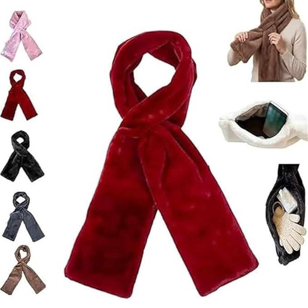 Faux-Fur Pull Through Scarf With Hidden Zipper Pocket Warm Neckwear for Women