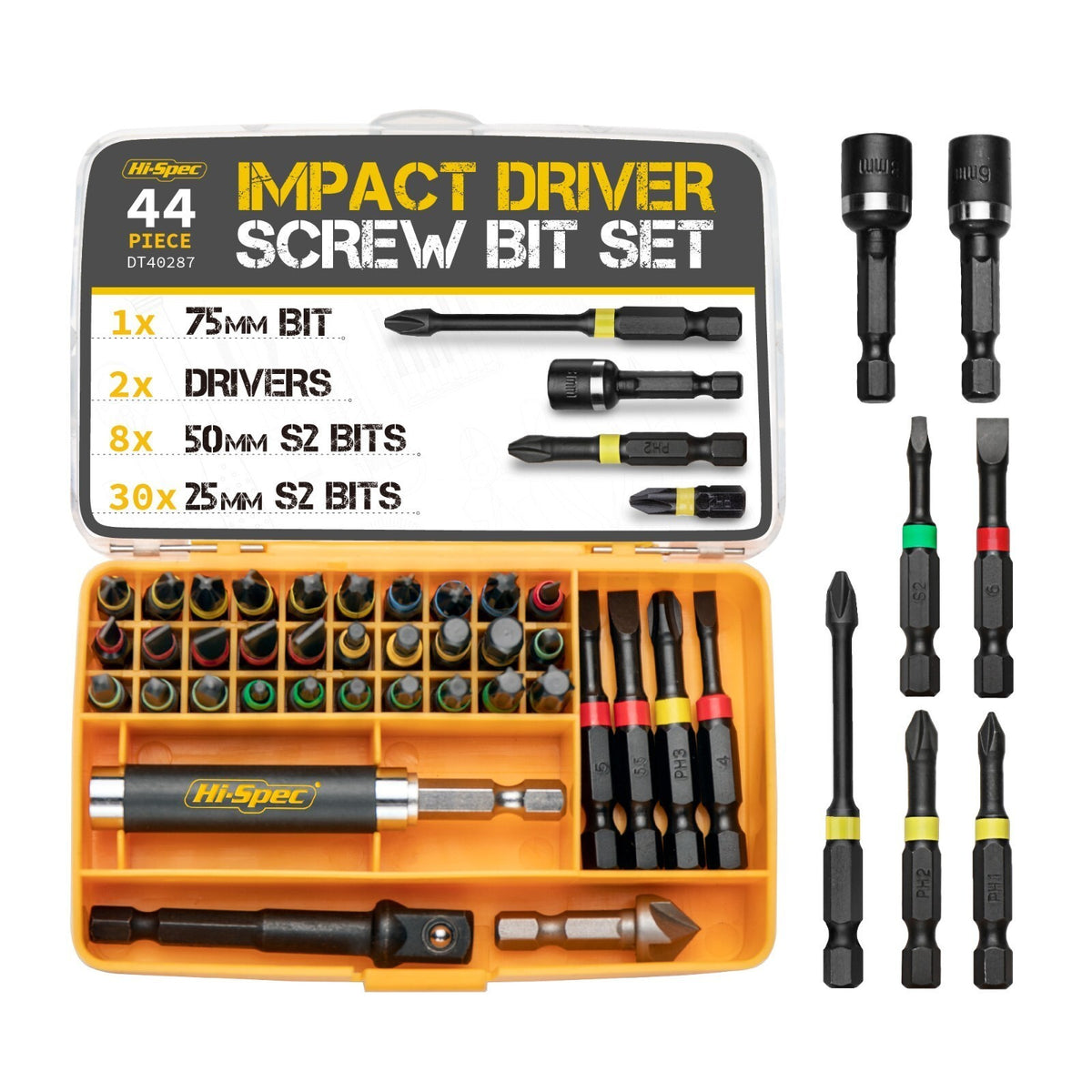 Impact Drill Screw Driver Nut Bit Magnetic Set 1/4” Hex Shank Hi-Spec 44 Piece