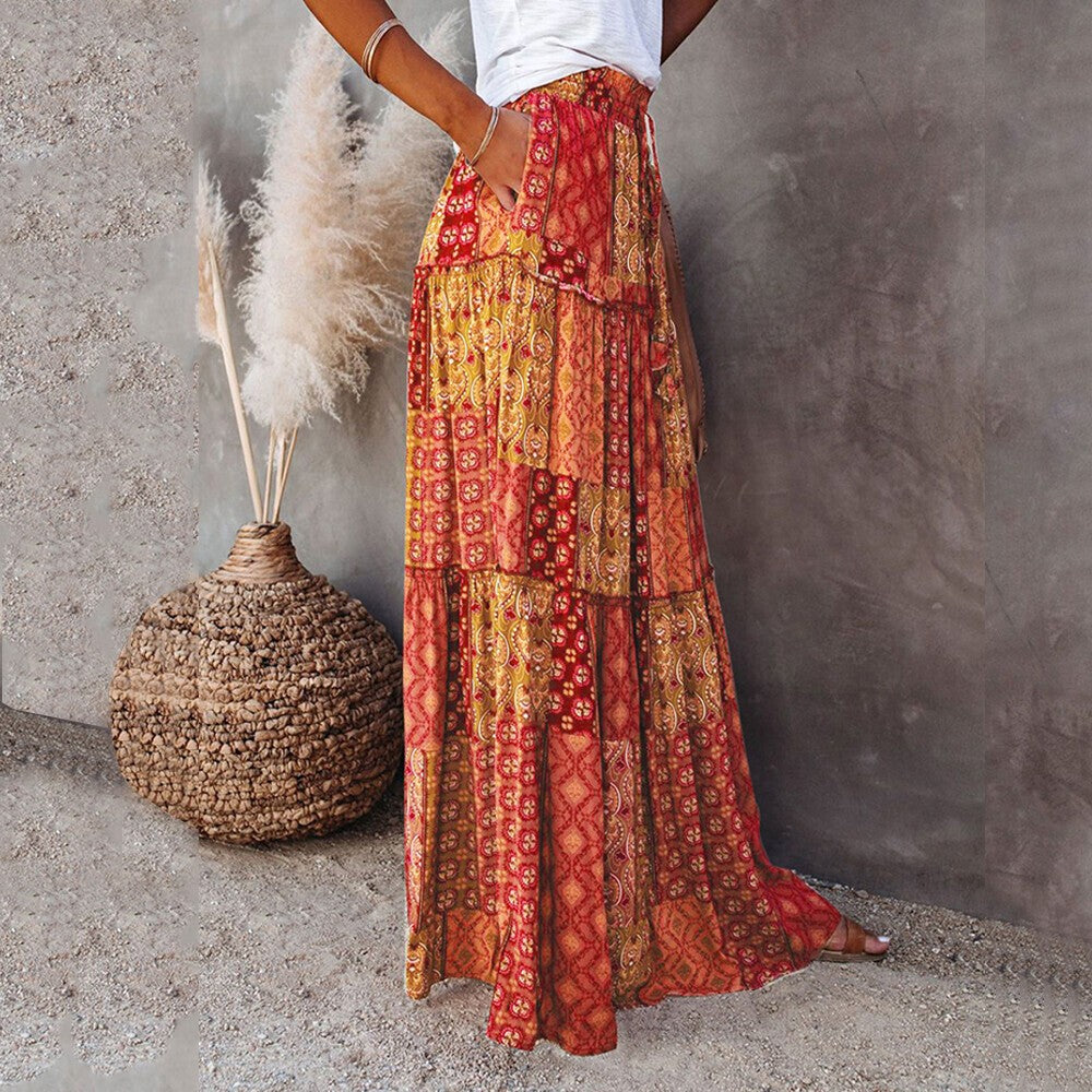 Women Bohemian High Waist Long Skirt Ladies Holiday Swing Baggy Boho Maxi Skirts