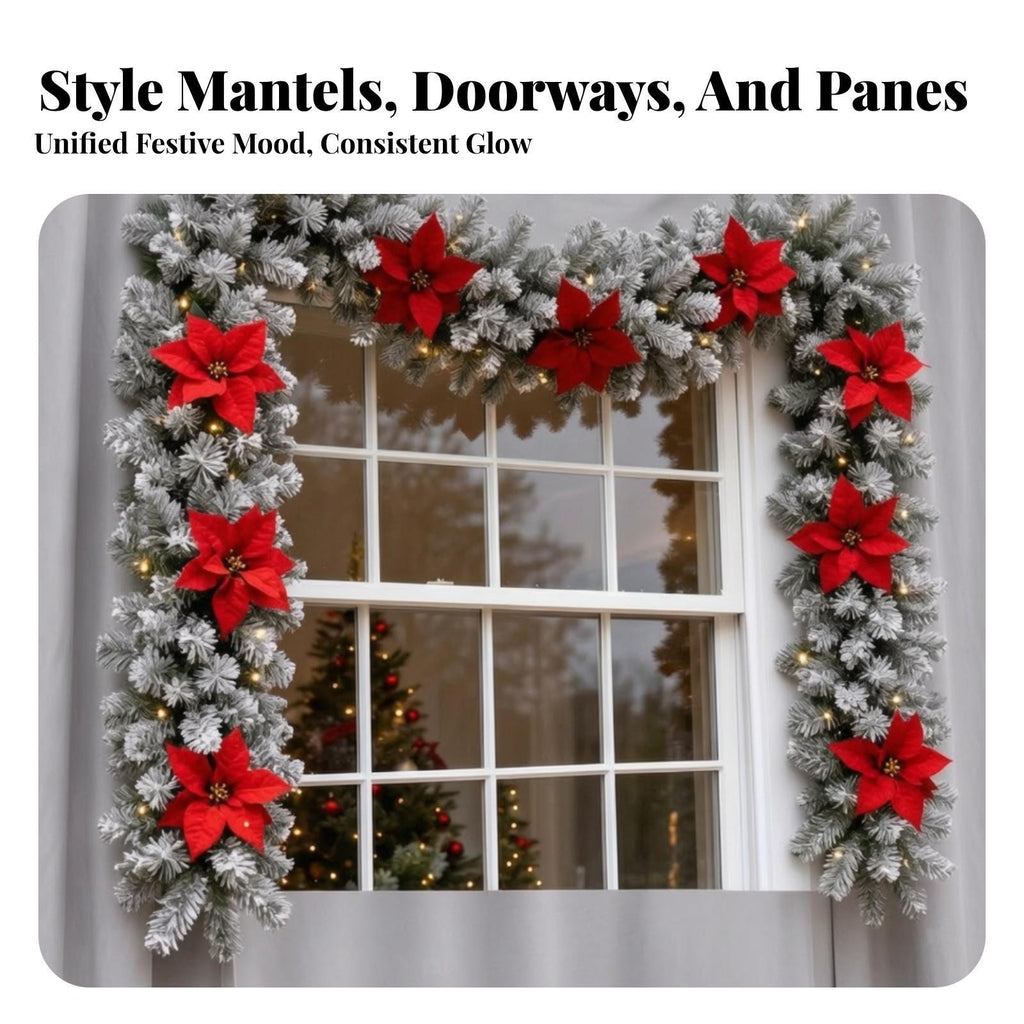 Fir Garland with Poinsettias Winter Decorations Flexible for Mantel