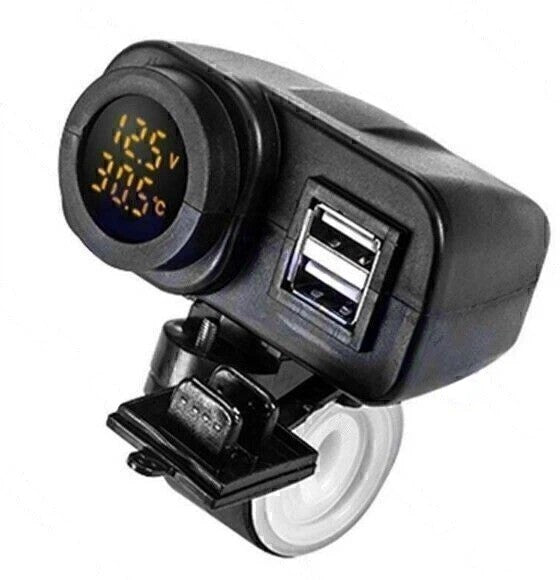 Yellow LED 12V Motorcycle USB Charger 2.1A+2.1A w/ Digital Voltmeter Thermometer