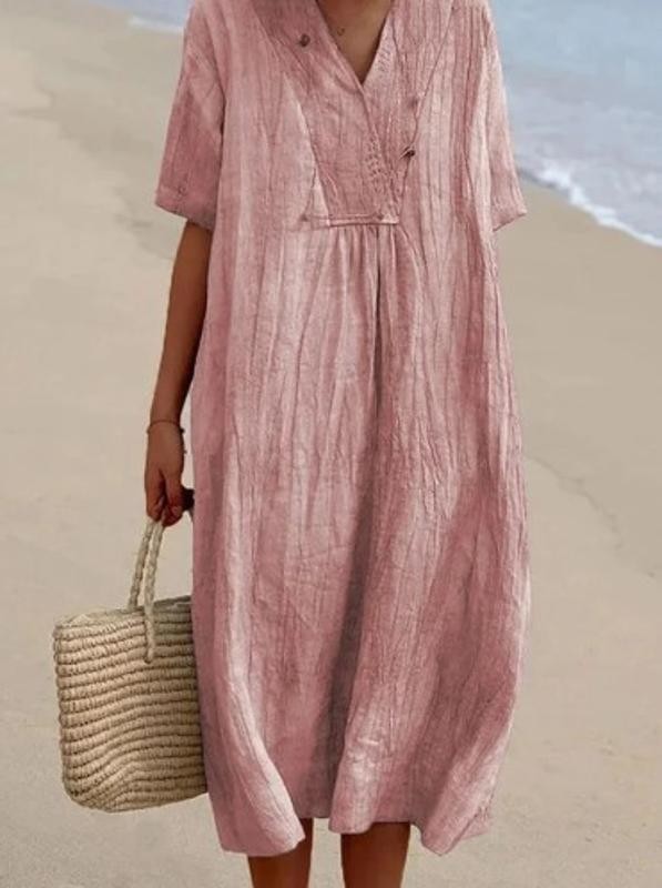 Ladies Summer Cotton Linen Dress Ladies Sundress Solid Midi Dresses Pullover UK