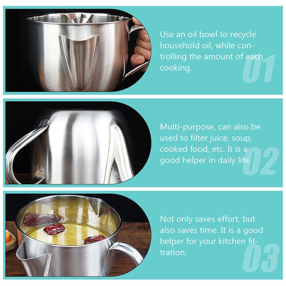 1000ml Stainless Steel Gravy Fat Separator Bowl Oil Soup Strainer Kitchen Tool