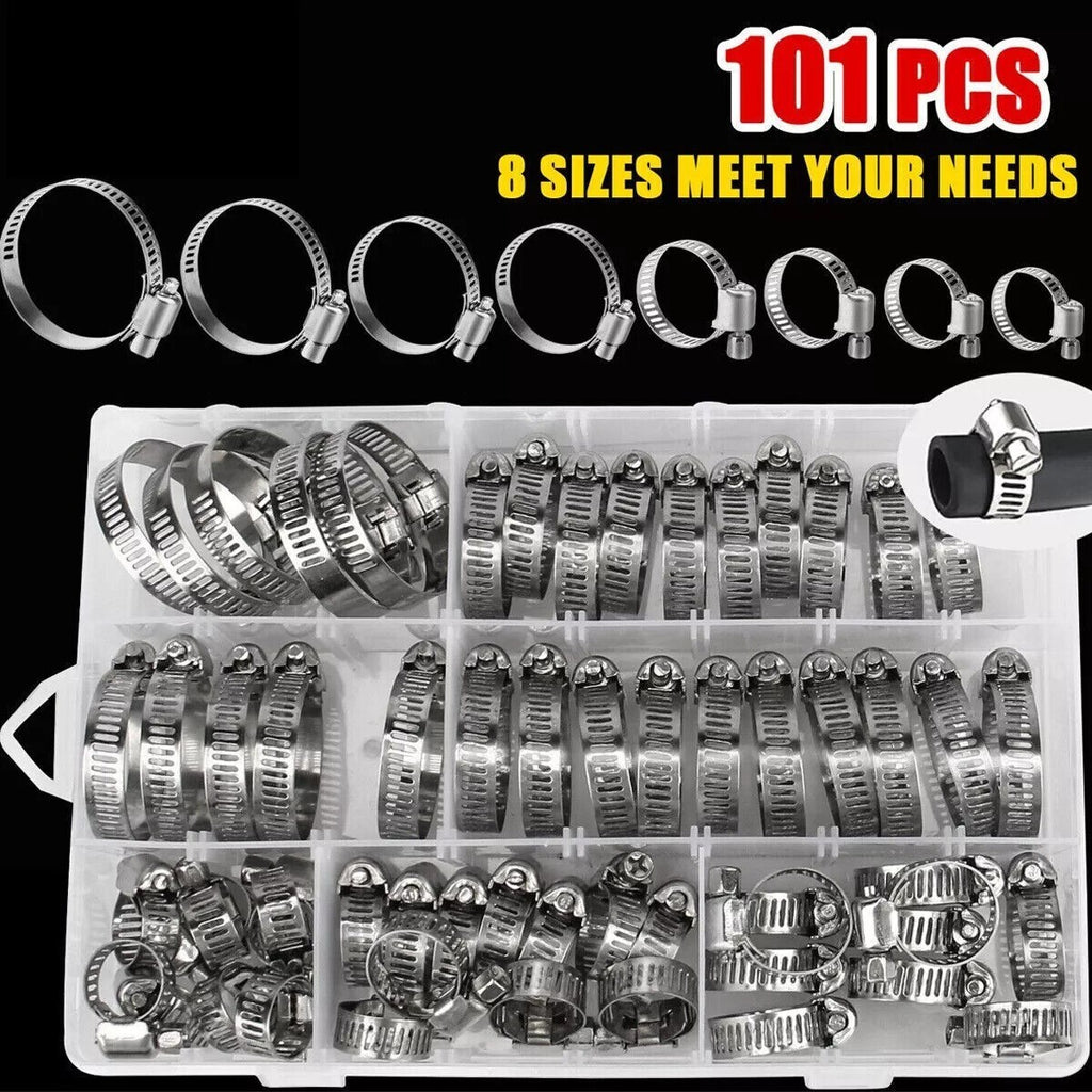101x Assorted Stainless Steel Hose Clamp Kit With No Driver Jubilee Clips Set UK