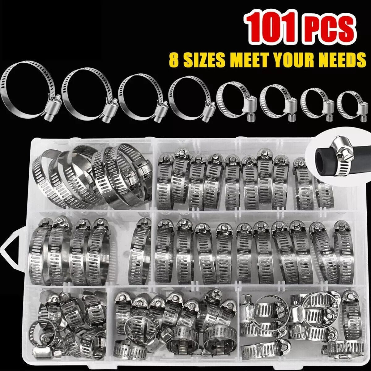 101x Assorted Stainless Steel Hose Clamp Kit With No Driver Jubilee Clips Set UK