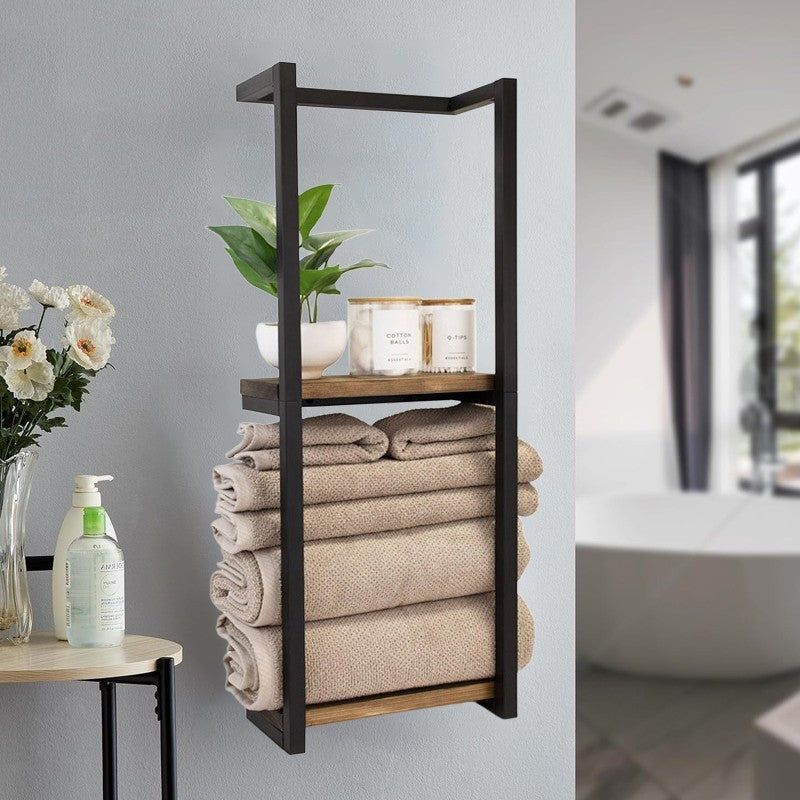 Wall‑Mounted Towel Rack Wooden Shelf Bathroom Storage Holder Towel Organiser