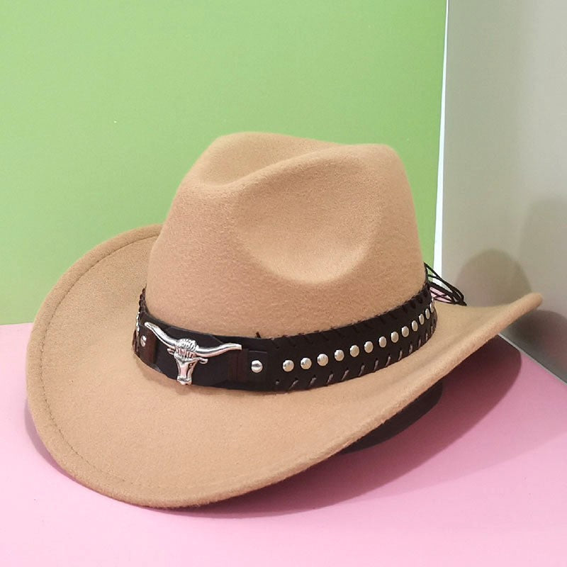 1PC Casual Western Cowboy Hat with Buckle & Bull Head Design Wide Brim Hat