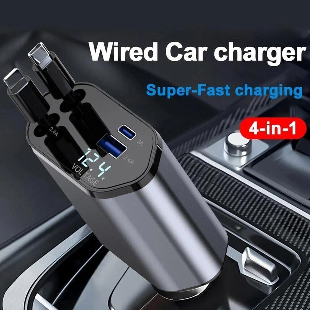Retractable Car Charger 4IN1 120W USB Type C Cable For Phone Fast Charge Adapter