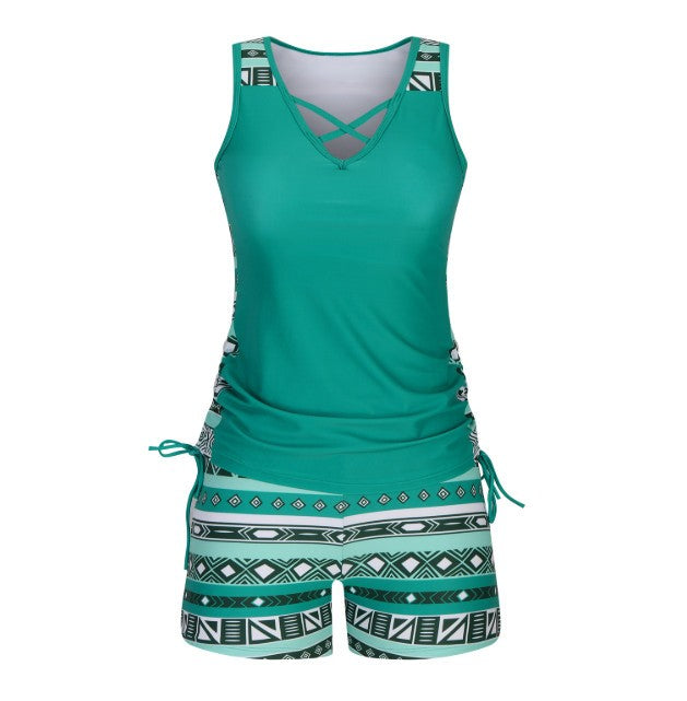 Women's Tummy Control Tankini Set with Built-in Bra–Flattering Boho Swimwear