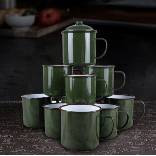 Armygreen Enamel Mug Vintage Travel Camping Tea Cup with Lid Drinkware