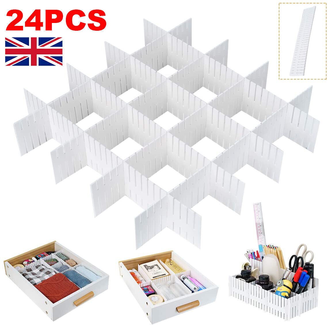 24x Adjustable Drawer Dividers Organiser Socks Make Up Plastic Closet Separator