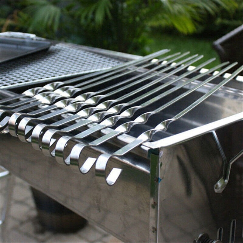 10 PCS LONG Metal Kebab Grill Steel Sticks Flat BBQ Skewers Barbecue Meat