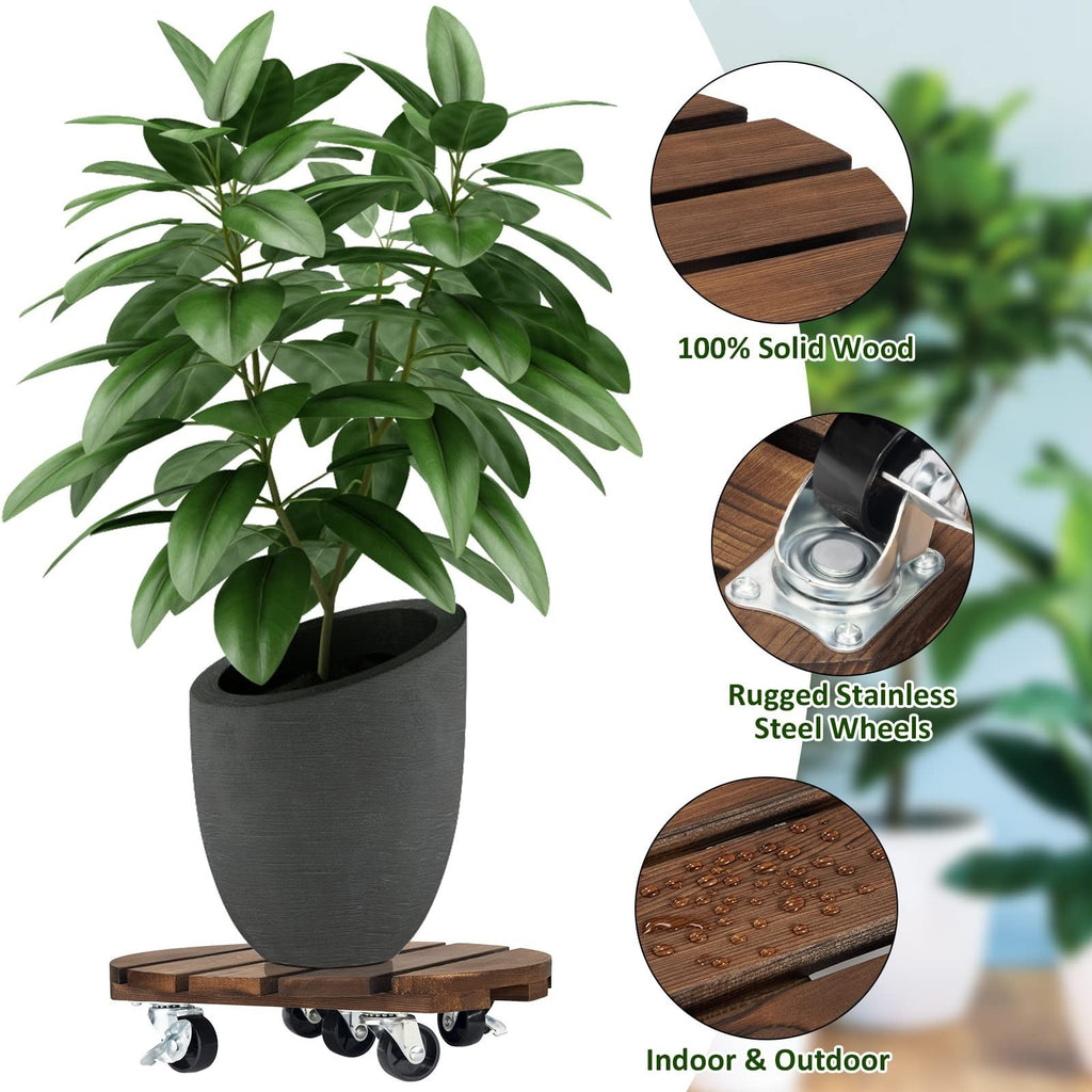 Wooden Round Garden Plant Pot Stand Mover with Wheels Indoor Outdoor Pack of 2