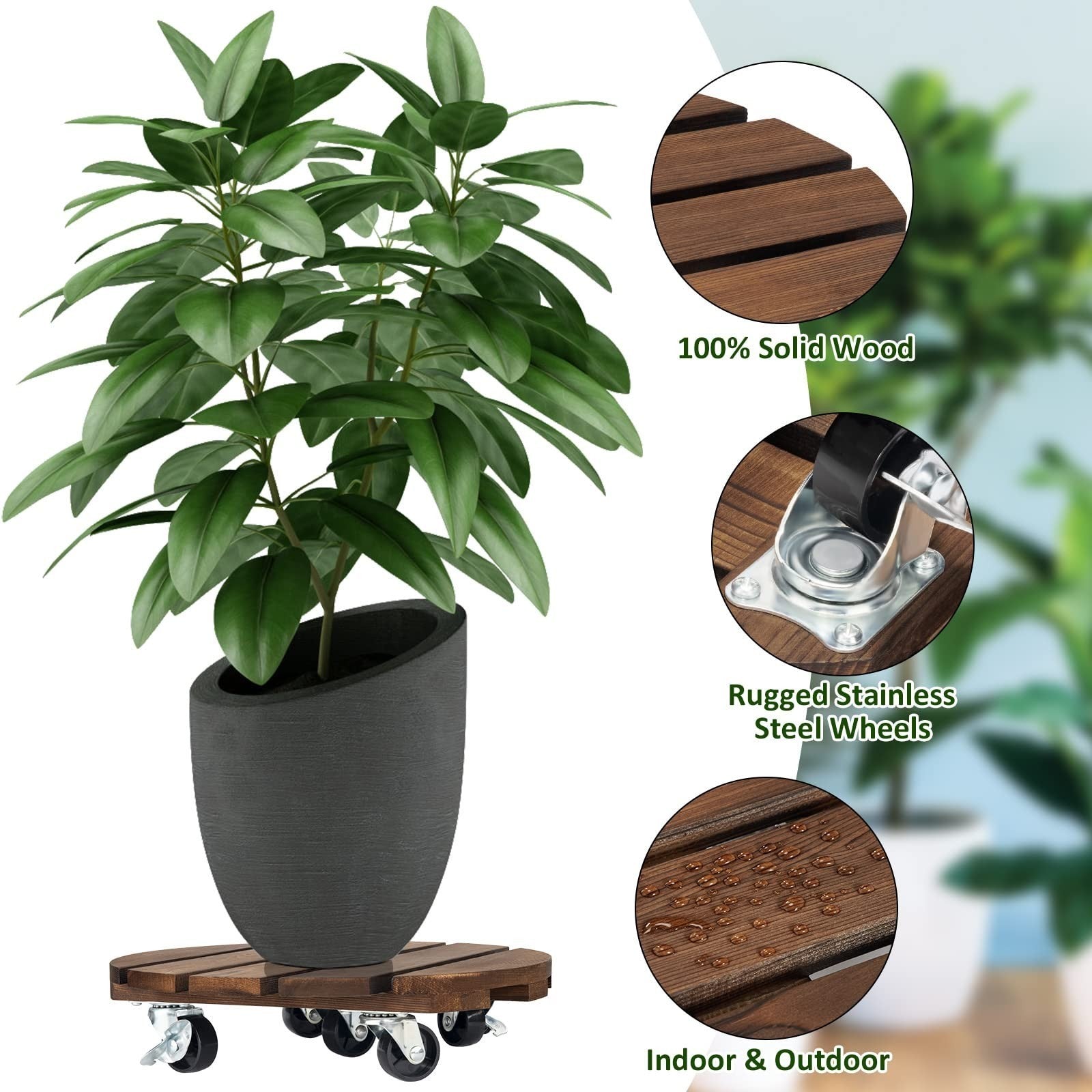 Wooden Round Garden Plant Pot Stand Mover with Wheels Indoor Outdoor Pack of 2