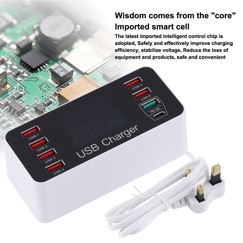 LCD Display Station Hub with UK Plug 8 Multi-Port USB Fast Quick Charger Adapter