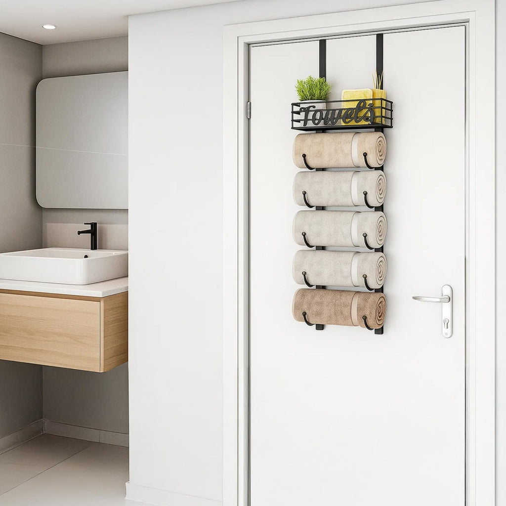 Over Door Towel Rack Towel Storage Rack Wall Mounted with Metal Shelf Basket UK