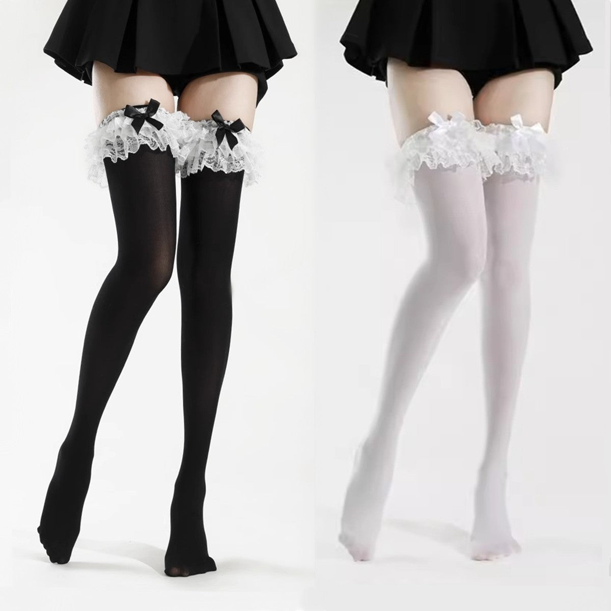 Women's Thigh High Stockings WITH Lace Ruffles & Satin Bow, White Stockings