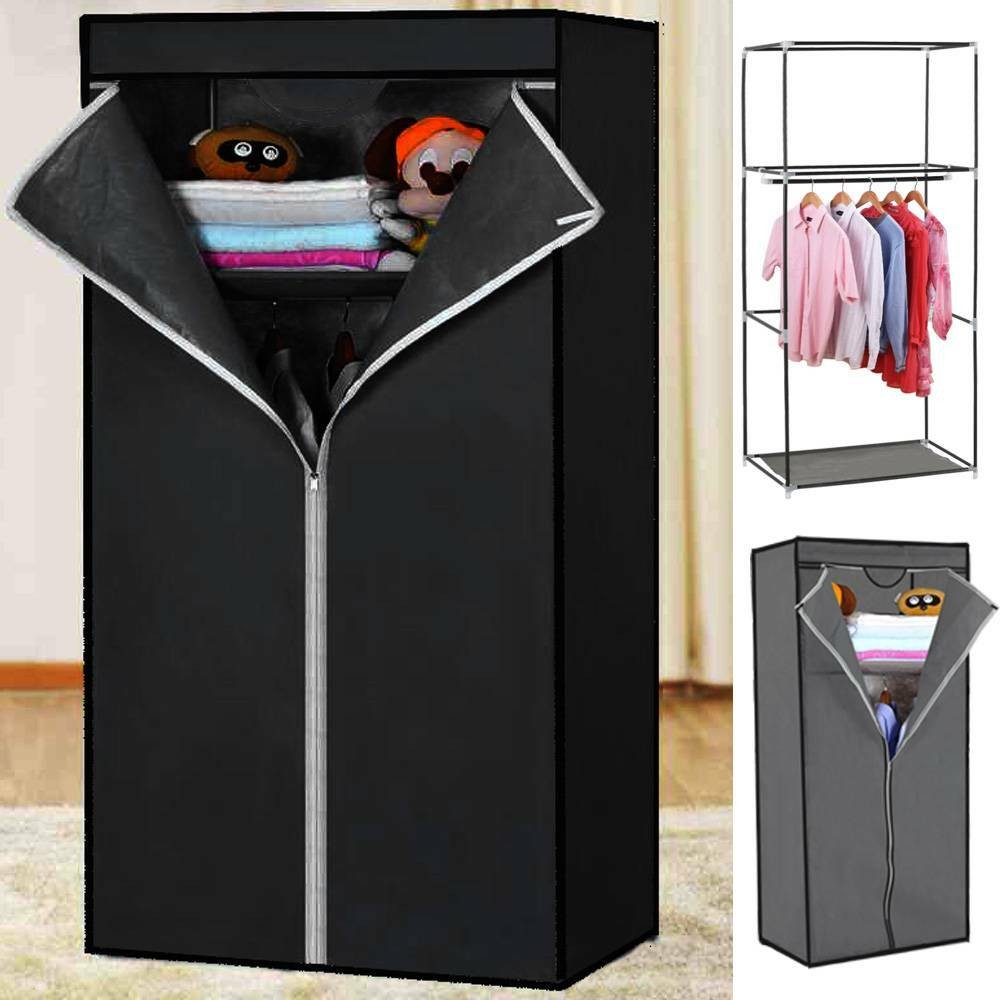 Single Fabric Canvas Wardrobe with Hanging Rail Shelving Clothe Storages Closets