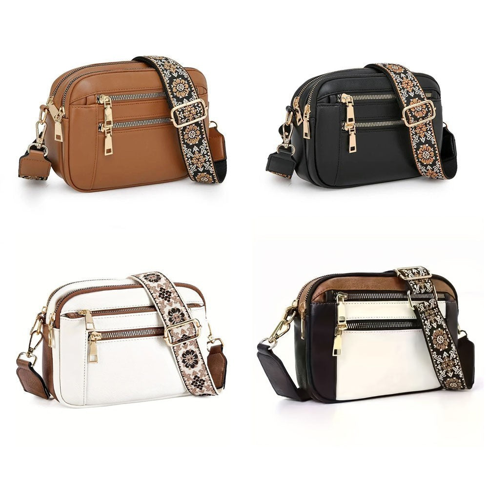 Women Leather Cross Body Bag, Wide Strap Shoulder Messenger Handbag for Ladies