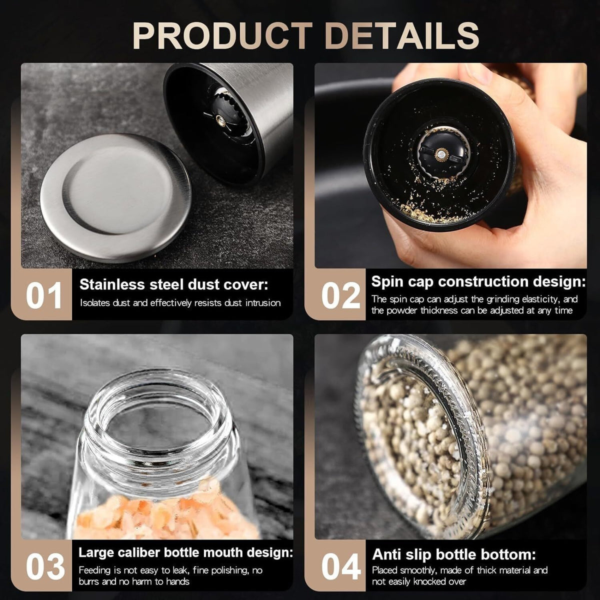 2x Pepper and Salt Grinder Set Mill Adjustable Stainless Steel Shaker Coarse NEW