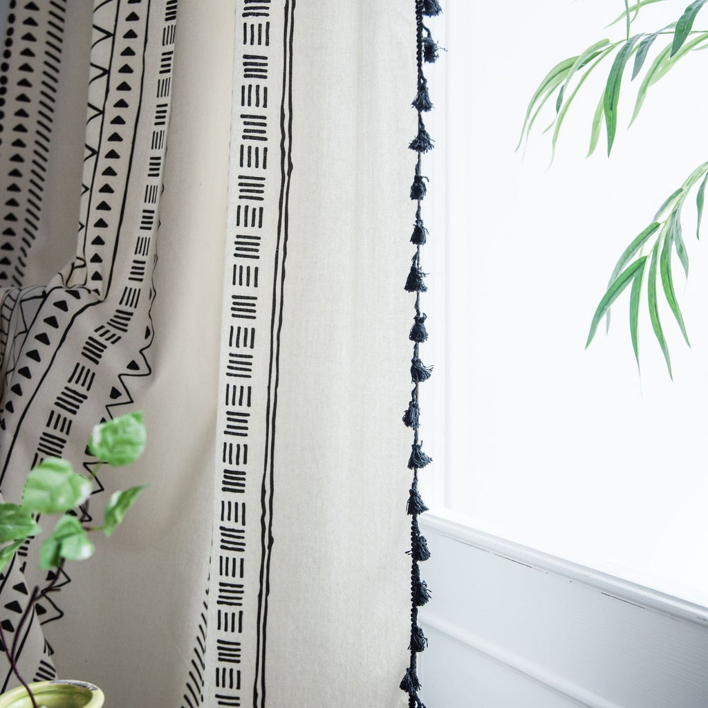 Geometric Tassels Panel Window Curtain Bohemian Cotton Linen Window Drapes