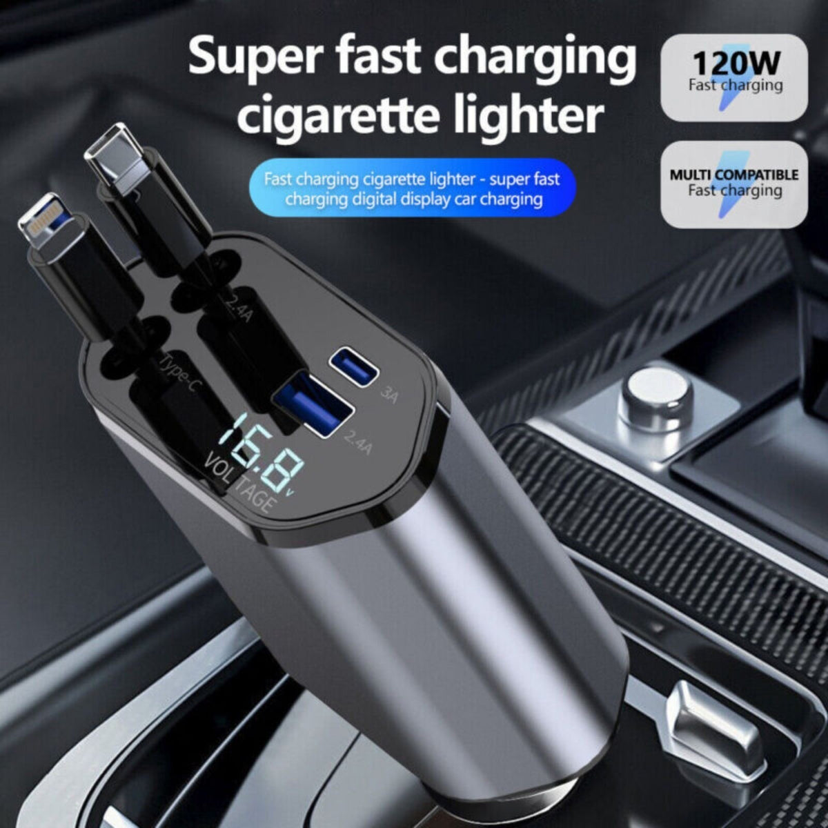 4 in1 Retractable Fast Car Charger with Starlight 120W USB C for iPhone &Android
