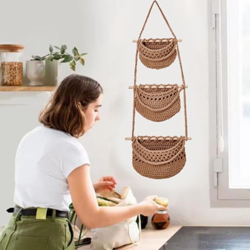 1/3-Tier Macrame Fruit Hammock Storage Basket Hanging Vegetable Holder Pockets